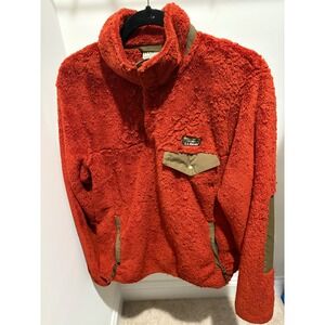 LL Bean Mens Medium Fleece Pullover Snap Neck Sweatshirt Jacket Deep Orange